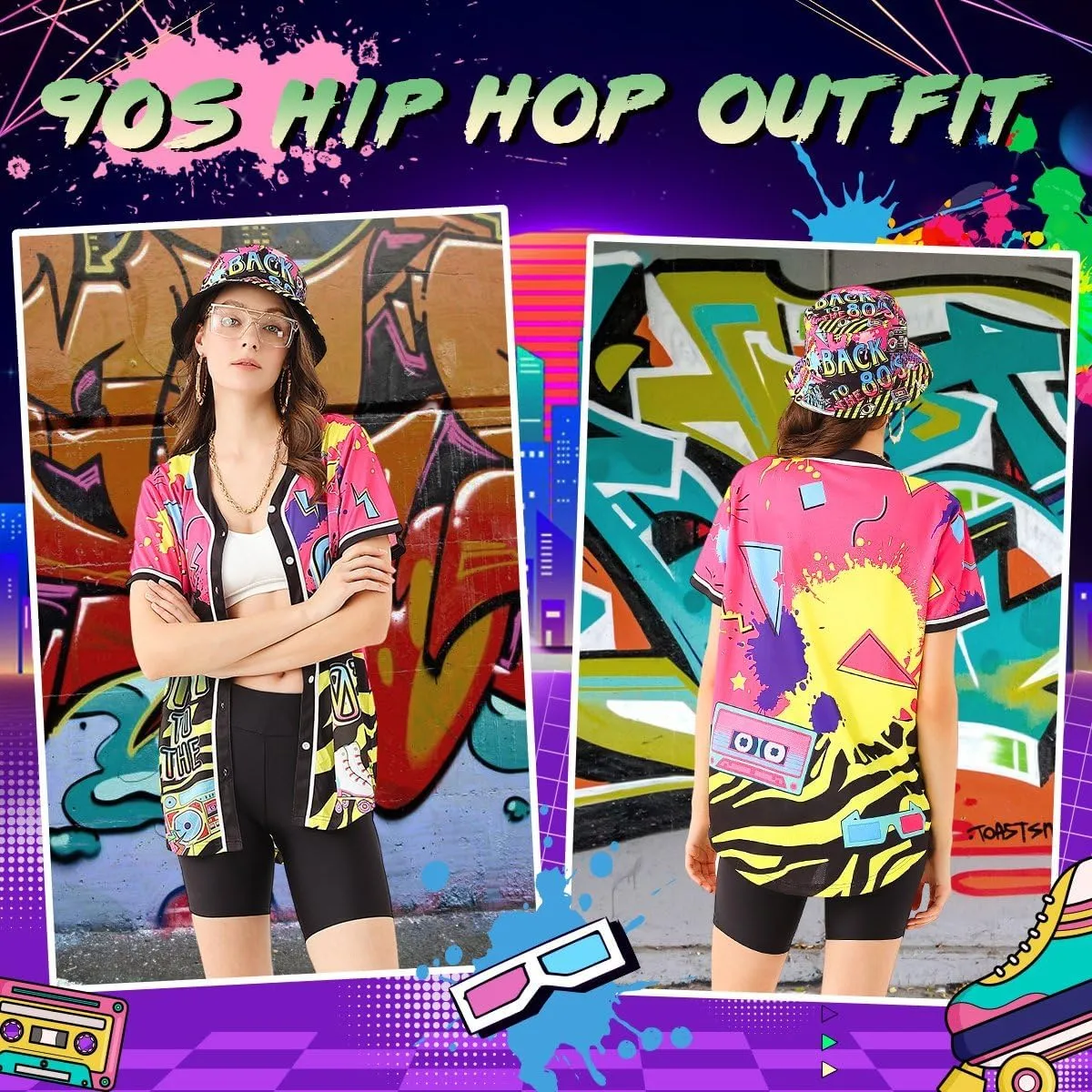 80s 90s Outfit for Women, Unisex Hip Hop Costume Baseball Jersey Shirt Yoga Pants Bucket Hat Gold Chain Rapper Accessories