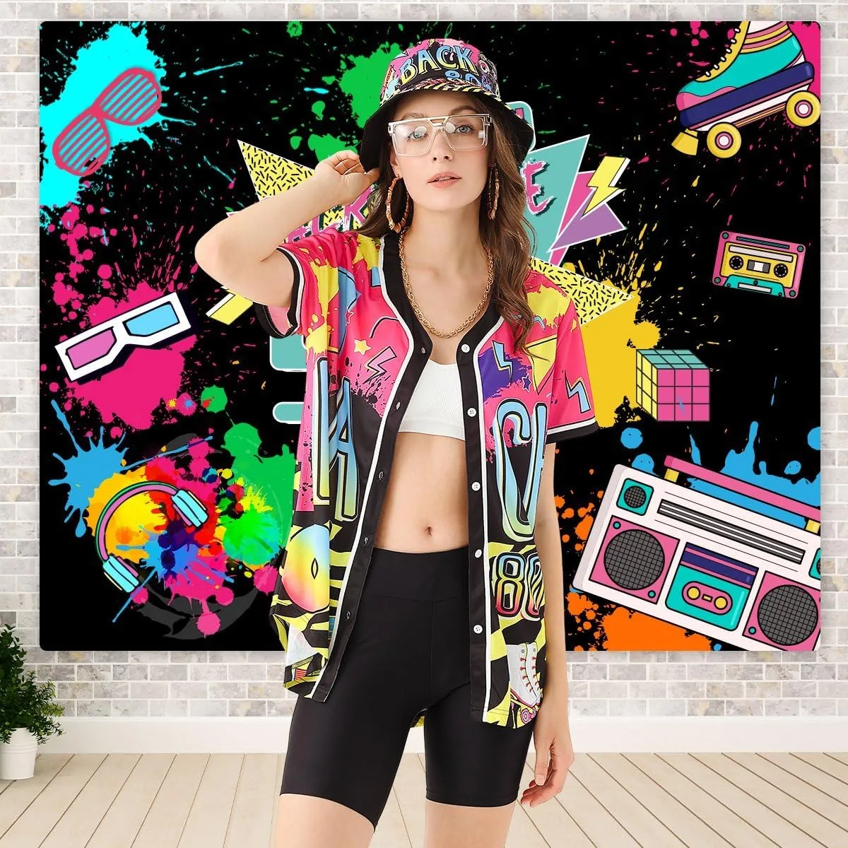 80s 90s Outfit for Women, Unisex Hip Hop Costume Baseball Jersey Shirt Yoga Pants Bucket Hat Gold Chain Rapper Accessories
