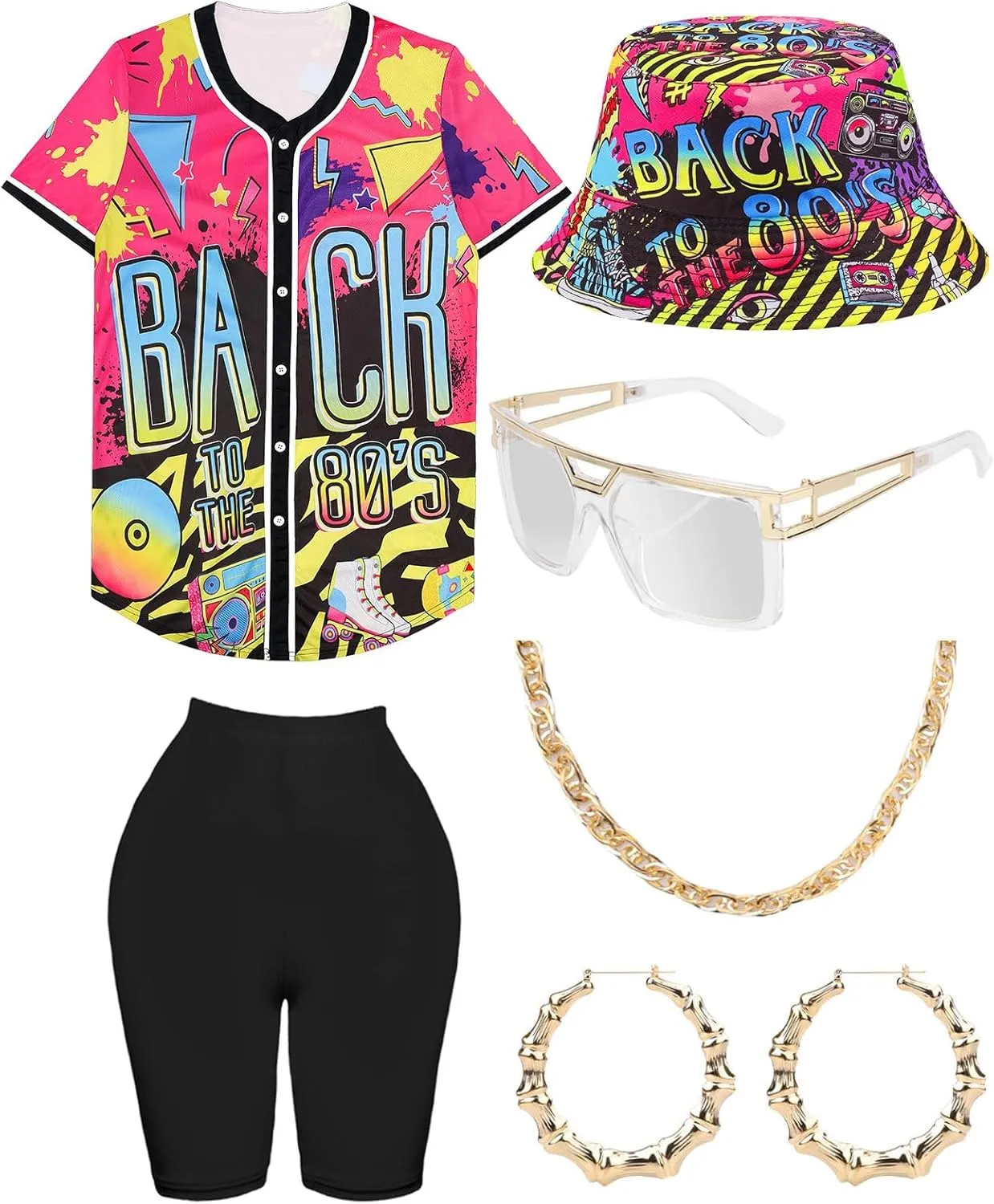 80s 90s Outfit for Women, Unisex Hip Hop Costume Baseball Jersey Shirt Yoga Pants Bucket Hat Gold Chain Rapper Accessories