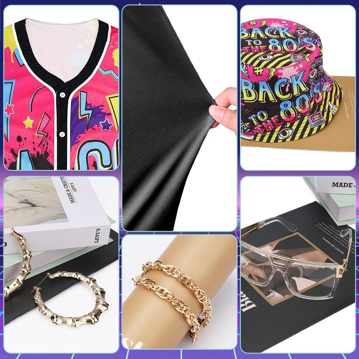 80s 90s Outfit for Women, Unisex Hip Hop Costume Baseball Jersey Shirt Yoga Pants Bucket Hat Gold Chain Rapper Accessories