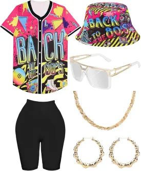80s 90s Outfit for Women, Unisex Hip Hop Costume Baseball Jersey Shirt Yoga Pants Bucket Hat Gold Chain Rapper Accessories