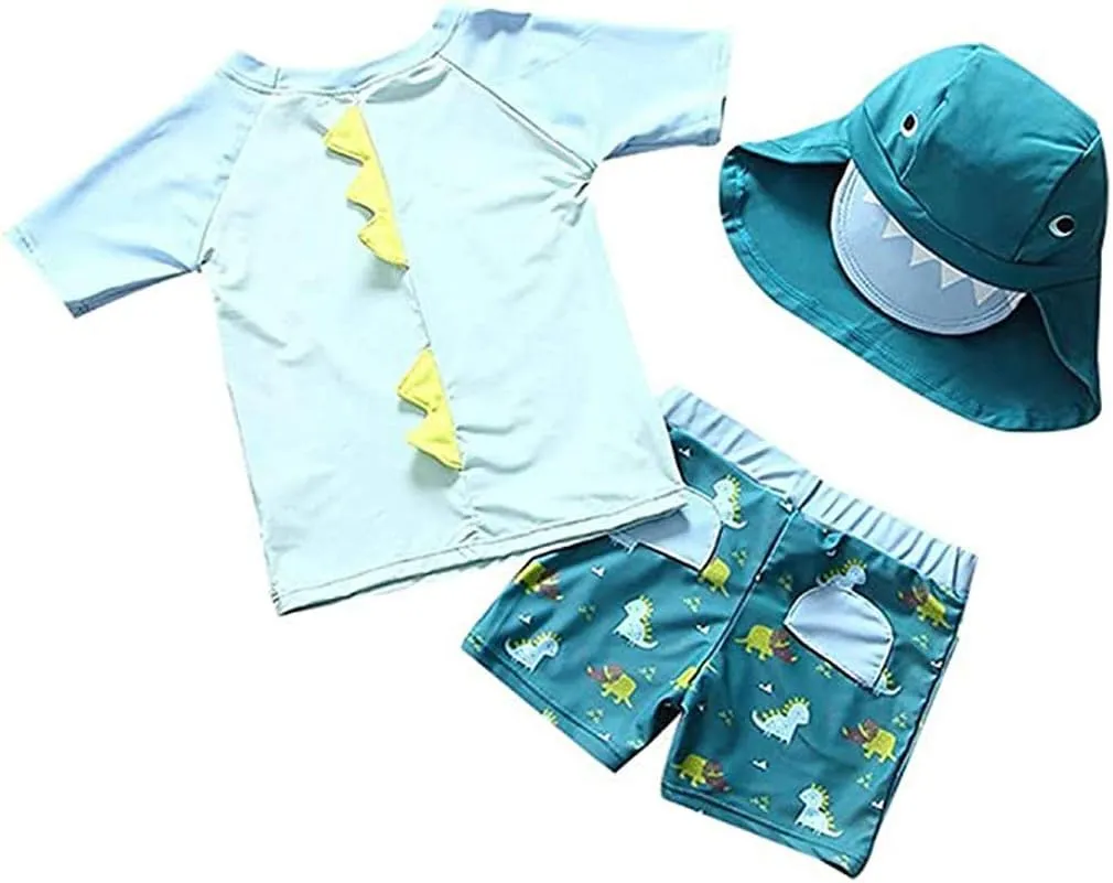Baby Boys Swimsuit Toddler Two Pieces Swimwear Set Dinosaur Bathing Suit Rash Guards with Hat UPF 50 