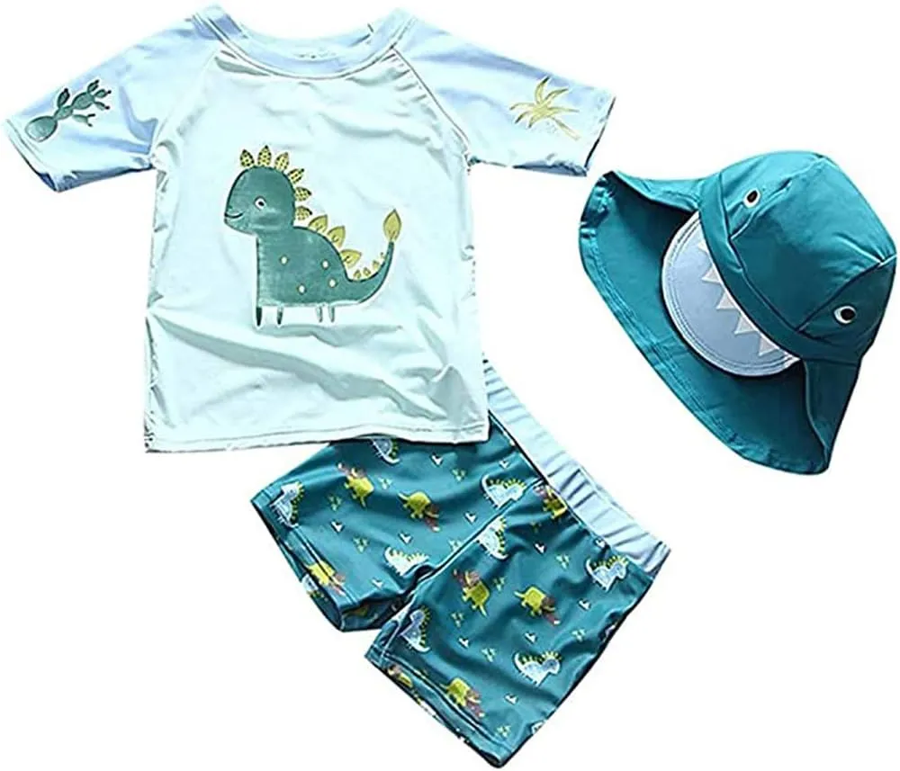 Baby Boys Swimsuit Toddler Two Pieces Swimwear Set Dinosaur Bathing Suit Rash Guards with Hat UPF 50 