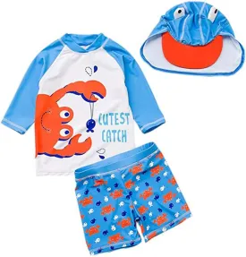 Baby Boys Swimsuit Toddler Two Pieces Swimwear Set Dinosaur Bathing Suit Rash Guards with Hat UPF 50 
