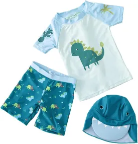 Baby Boys Swimsuit Toddler Two Pieces Swimwear Set Dinosaur Bathing Suit Rash Guards with Hat UPF 50 