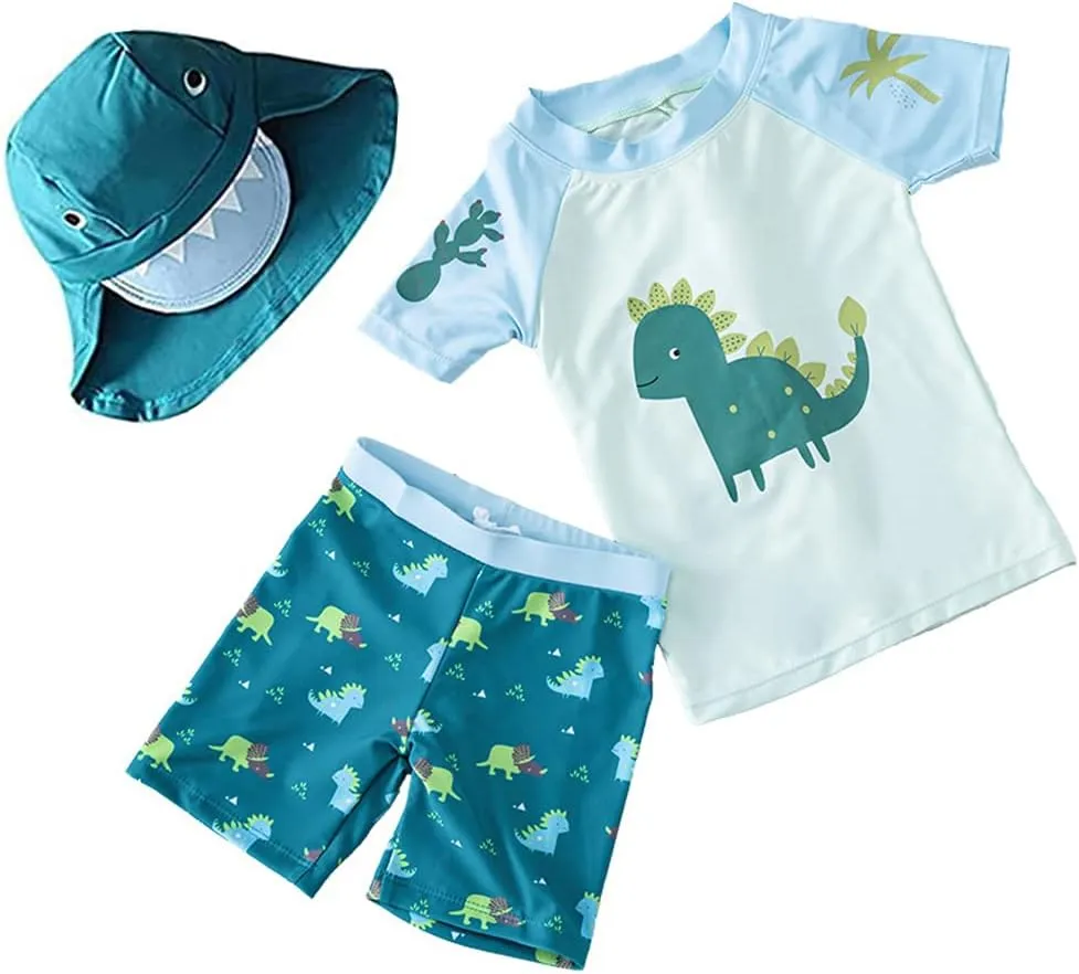 Baby Boys Swimsuit Toddler Two Pieces Swimwear Set Dinosaur Bathing Suit Rash Guards with Hat UPF 50 