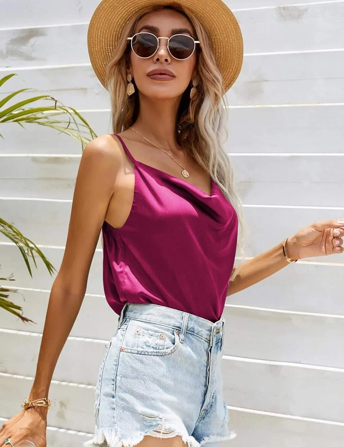 Ekouaer Satin Cowl Neck Tank Top Women Camisole Silky Loose Sleeveless Basic Blouse Ladies Satin Tank Shirt