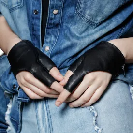 FIORETTO Womens Fingerless Leather Gloves Unlined Leather Driving Gloves Dancing Performance Punk Half Finger Gloves 160005