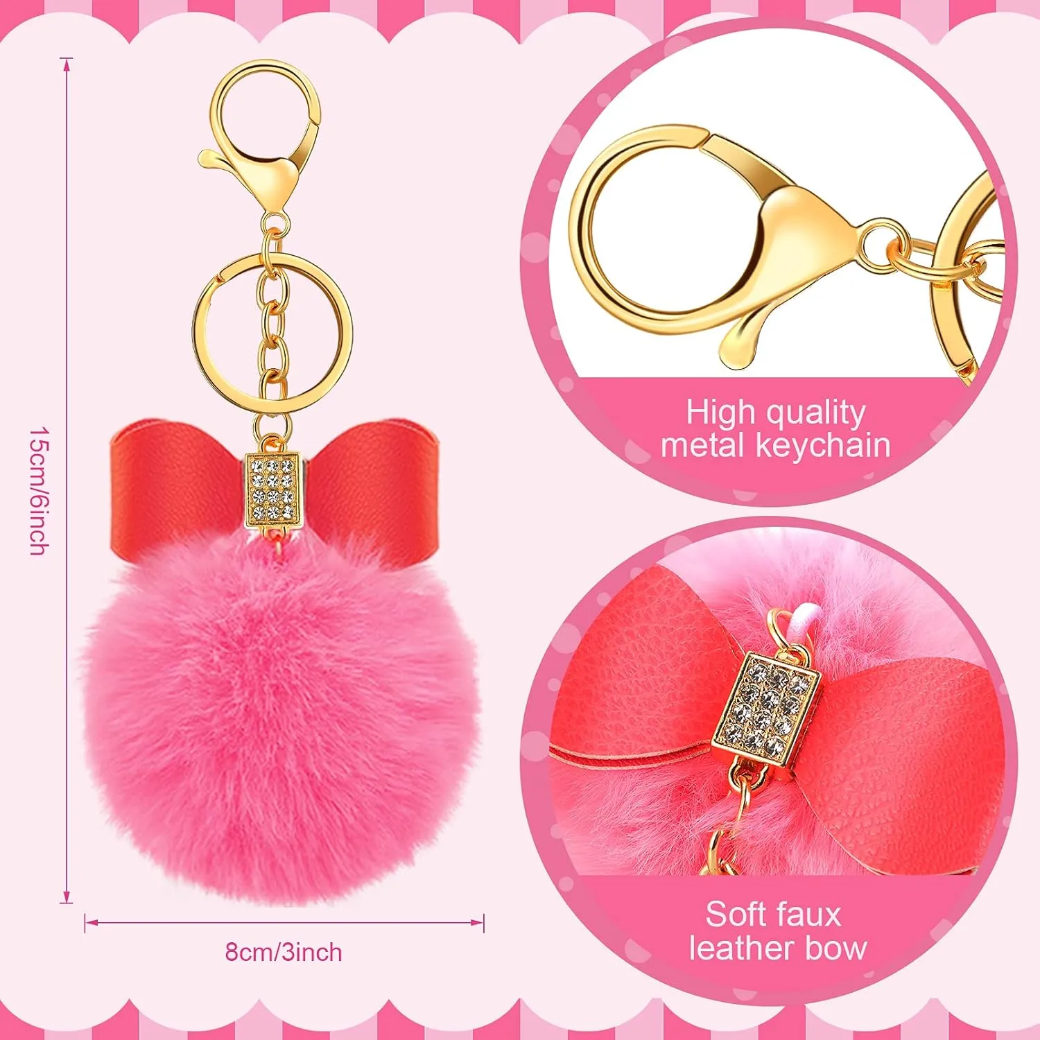 Hicarer 12 Pieces Fluffy Pom Pom Keychain Bulk Bow Rhinestone Faux Pompoms Keyring for Women Bags Craft, 12 Colors(Chic Colors)