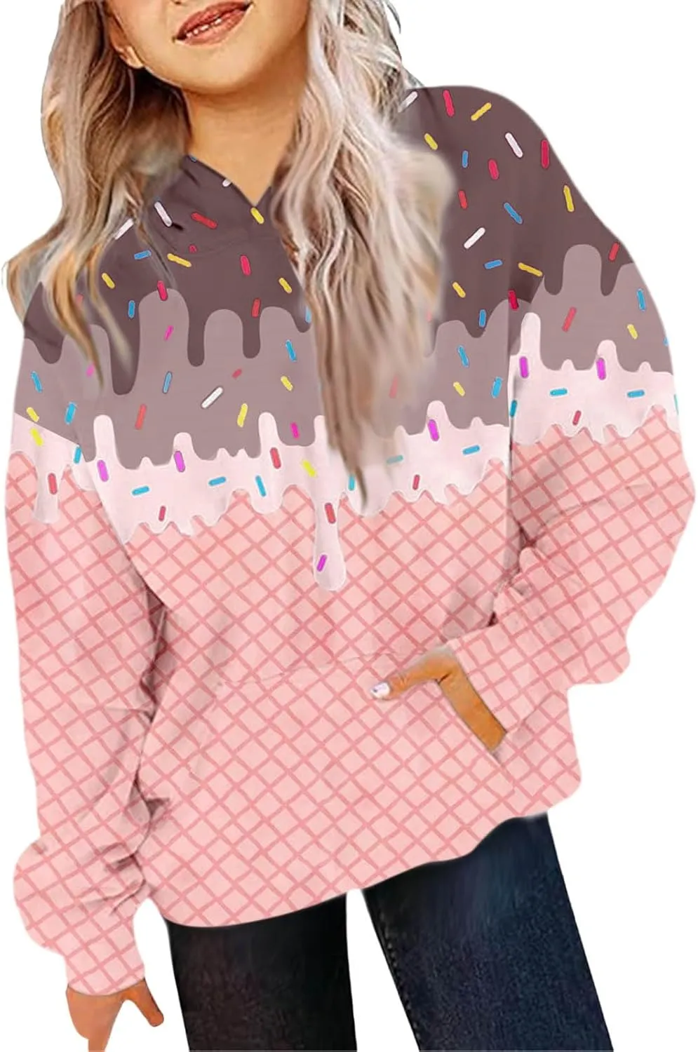 Ice Cream Hoodies for Teen Girls Cute Preppy Ice Cream Drip Sweatshirts Pocket Oversized Long Sleeve Pullover Tops 2-12 Years