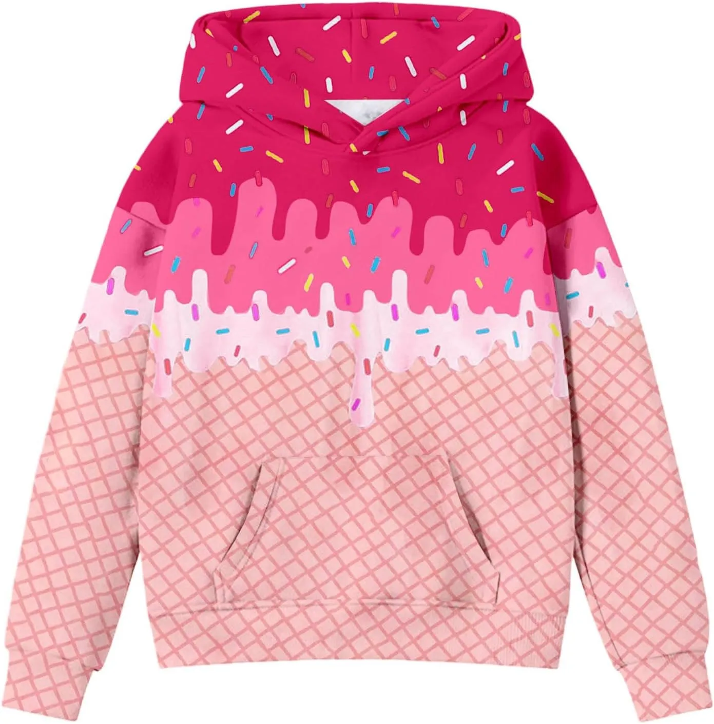 Ice Cream Hoodies for Teen Girls Cute Preppy Ice Cream Drip Sweatshirts Pocket Oversized Long Sleeve Pullover Tops 2-12 Years
