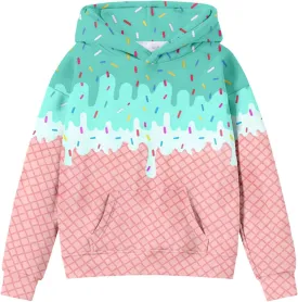 Ice Cream Hoodies for Teen Girls Cute Preppy Ice Cream Drip Sweatshirts Pocket Oversized Long Sleeve Pullover Tops 2-12 Years