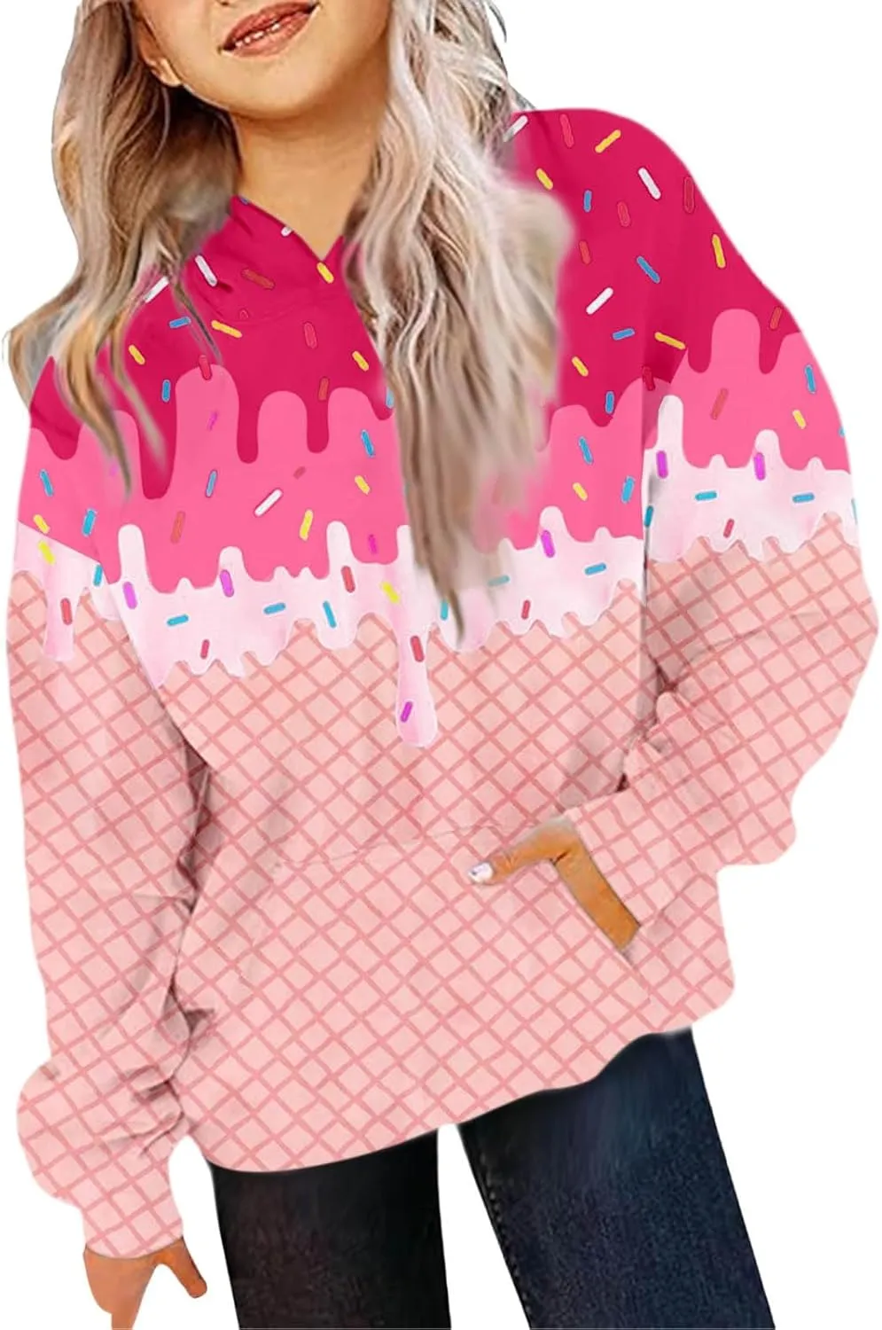 Ice Cream Hoodies for Teen Girls Cute Preppy Ice Cream Drip Sweatshirts Pocket Oversized Long Sleeve Pullover Tops 2-12 Years