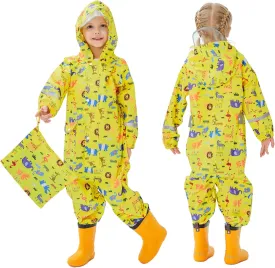 Kids Toddler Rain Suit for Boys Girls One Piece Hoodie Zipper Cartoon Waterproof Coverall Rain Jacket 1-10 Years