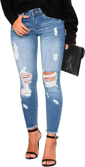 KUNMI Women's Skinny Ripped Trendy Jeans Distressed Stretchy Denim Pants