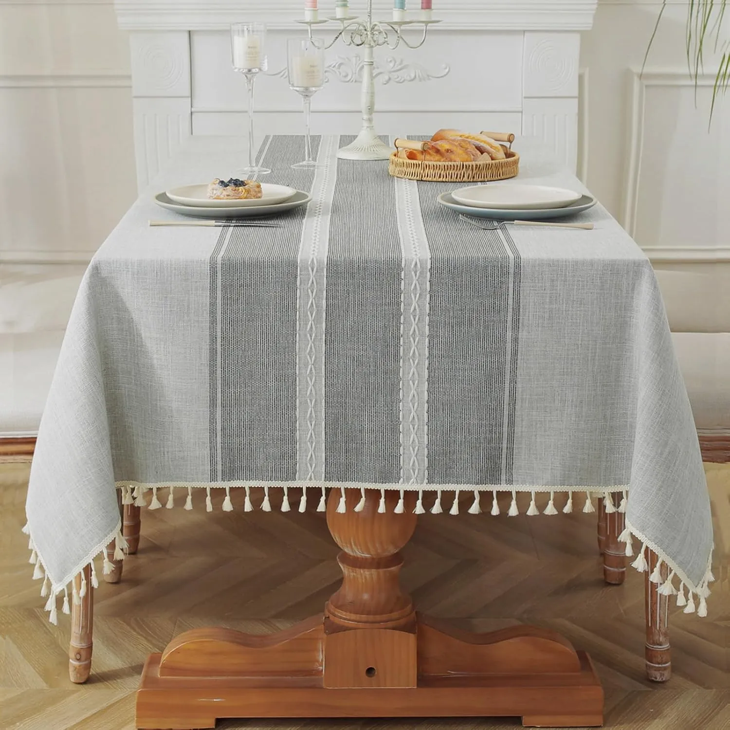 Laolitou Cotton Linen Waterproof Tablecloth for Dining Table Rustic Farmhouse Kitchen Rectangle Table Cloth Coffee Tables Cover, Grey Lines, 55x55 Inch