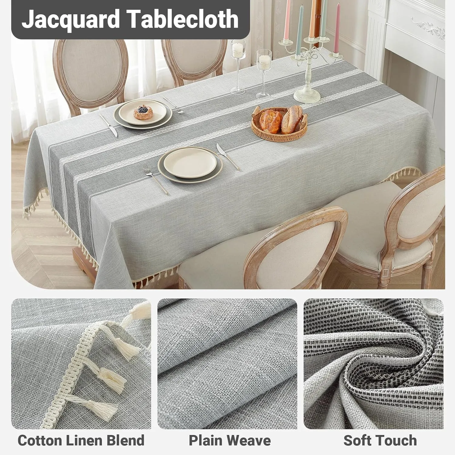 Laolitou Cotton Linen Waterproof Tablecloth for Dining Table Rustic Farmhouse Kitchen Rectangle Table Cloth Coffee Tables Cover, Grey Lines, 55x55 Inch