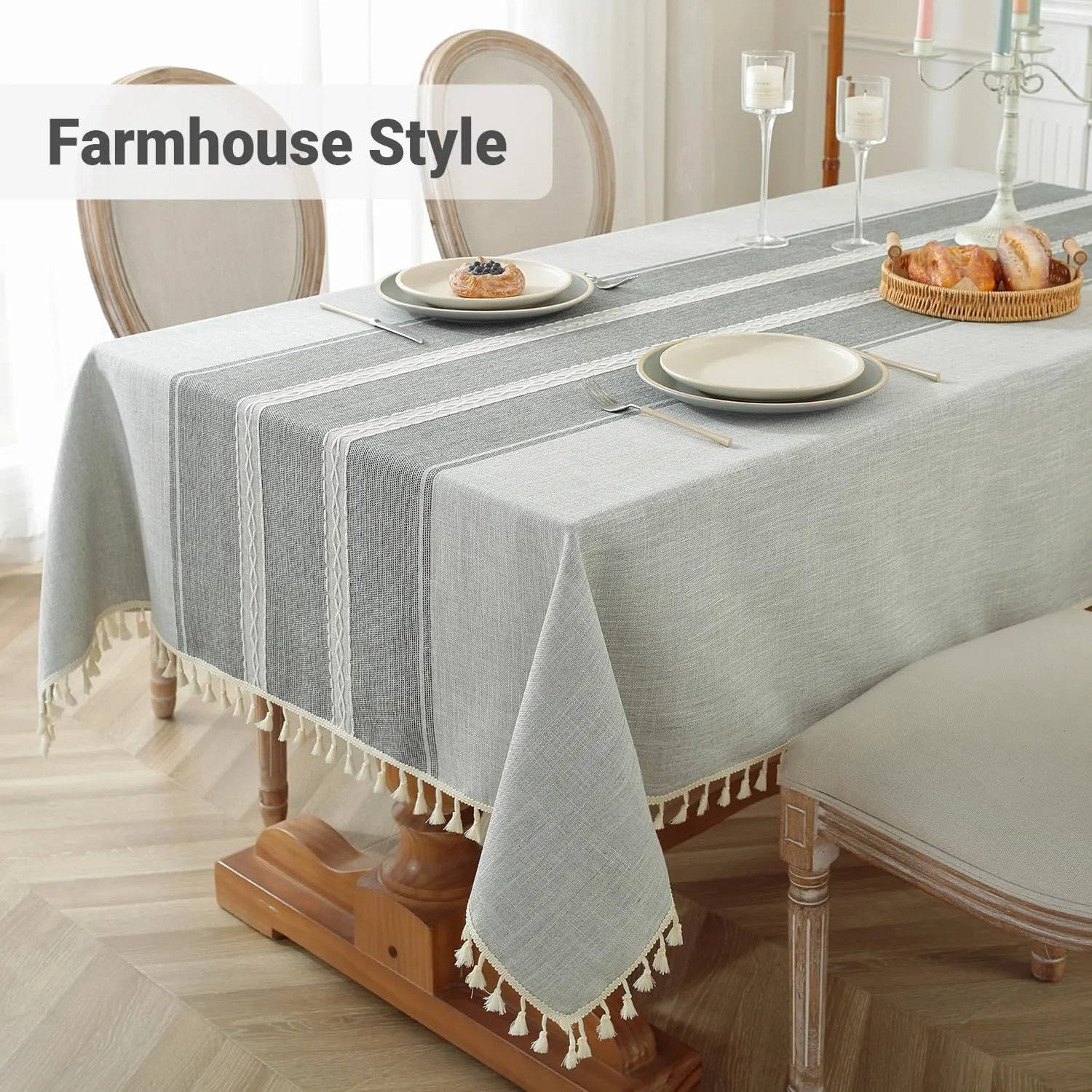 Laolitou Cotton Linen Waterproof Tablecloth for Dining Table Rustic Farmhouse Kitchen Rectangle Table Cloth Coffee Tables Cover, Grey Lines, 55x55 Inch
