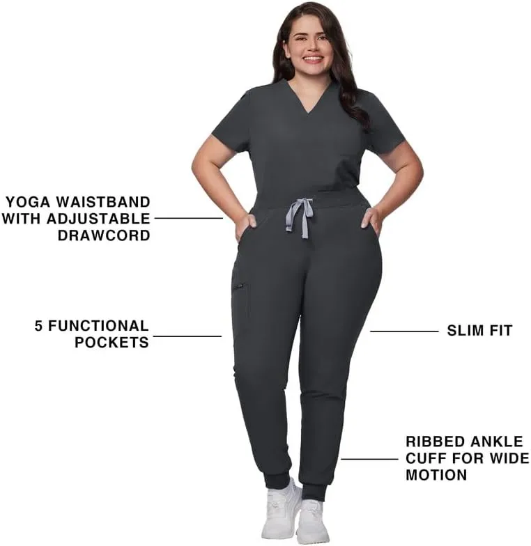 Medical Scrub Pants for Women - Mid Rise 4-Way Stretch Anti-Wrinkle Slim Fit Jogger Pants, Drawstring & 5 Pockets