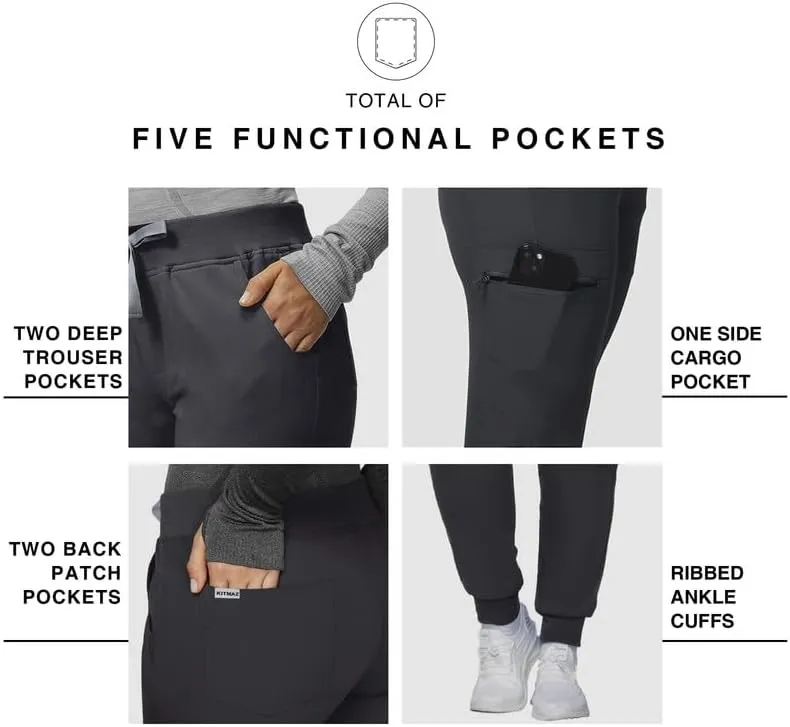 Medical Scrub Pants for Women - Mid Rise 4-Way Stretch Anti-Wrinkle Slim Fit Jogger Pants, Drawstring & 5 Pockets