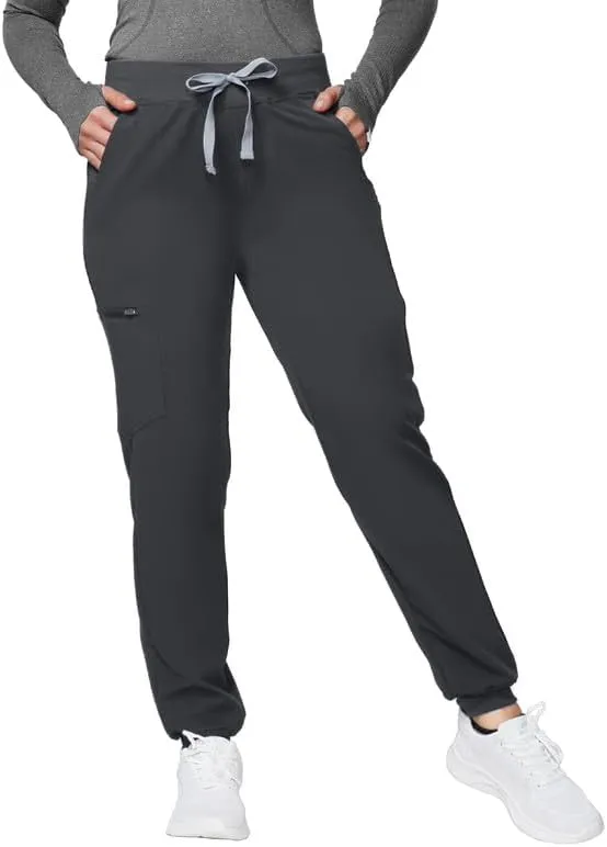 Medical Scrub Pants for Women - Mid Rise 4-Way Stretch Anti-Wrinkle Slim Fit Jogger Pants, Drawstring & 5 Pockets