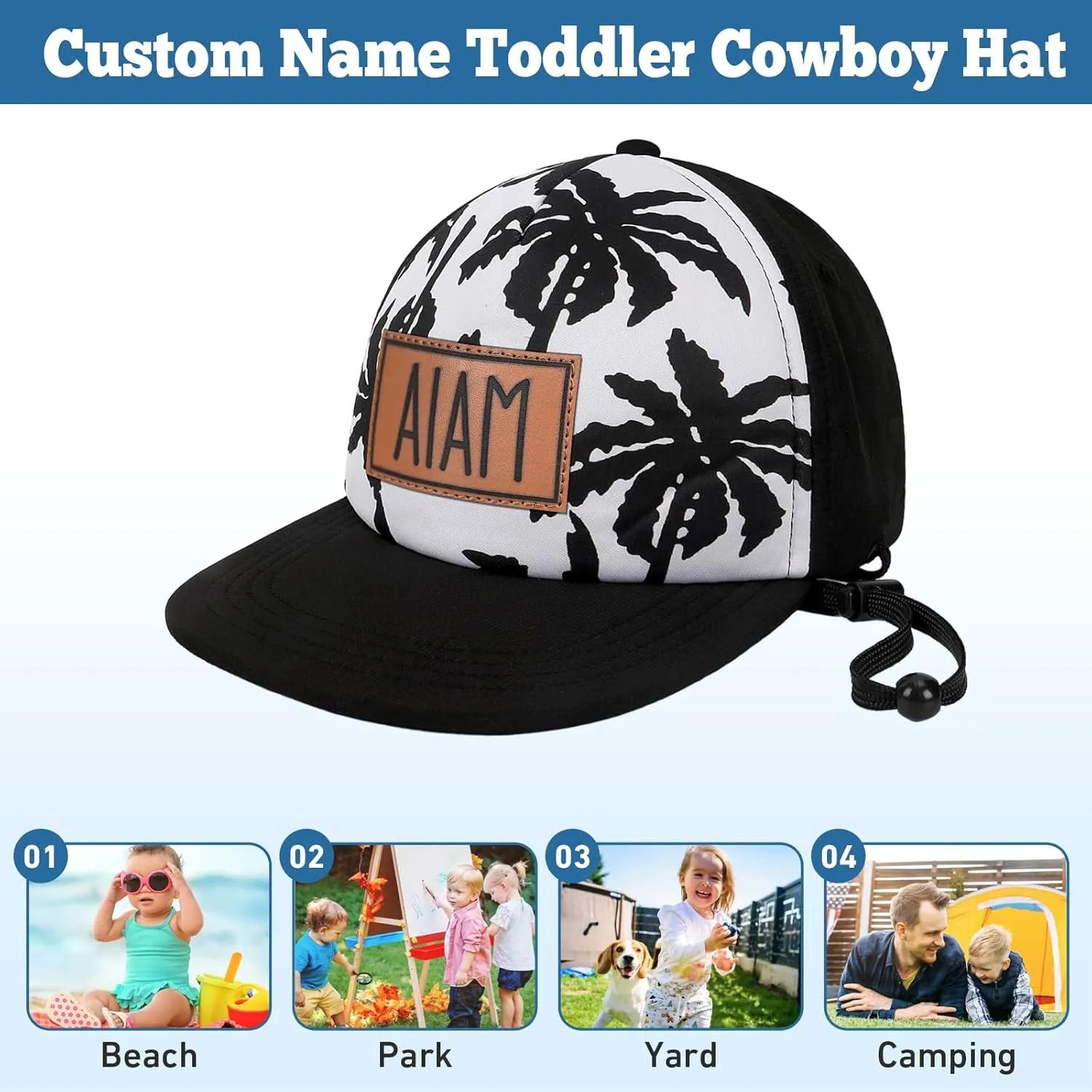 Personalized Baby Sun Hats, Leather Patch Toddler Baseball Cap, Adjustable Chin Strap Trucker Hat for Infant Boys Girls