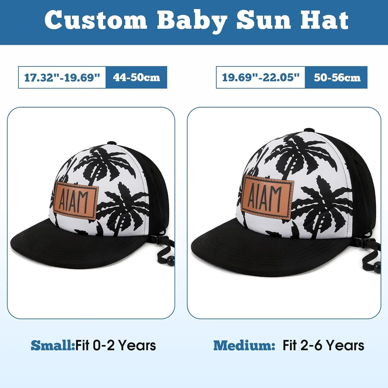 Personalized Baby Sun Hats, Leather Patch Toddler Baseball Cap, Adjustable Chin Strap Trucker Hat for Infant Boys Girls