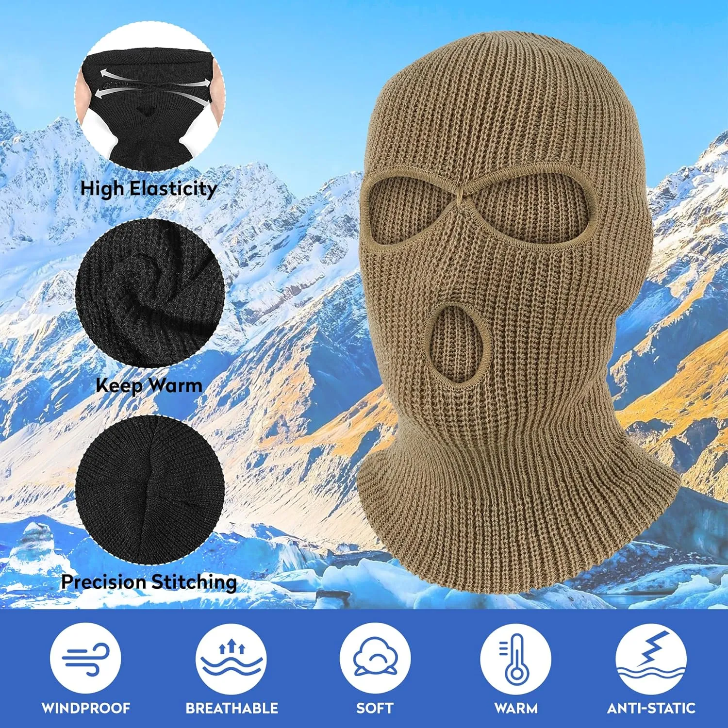 Pukavt 3 Hole Winter Knitted Mask, Full Face Cover Ski Mask Warm Balaclava for Skiing, Motorcycle, Snowboard