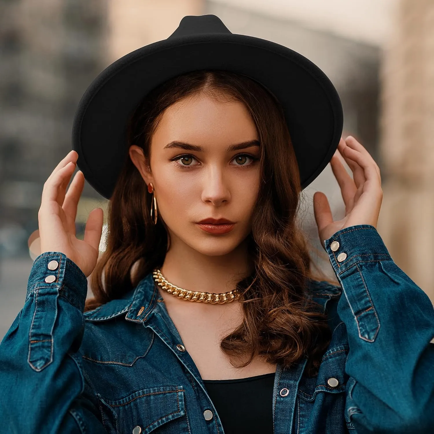 SAJUZEN Wide Brim Fedora Hats for Women Mens Felt Fedora Hats with Belt Buckle