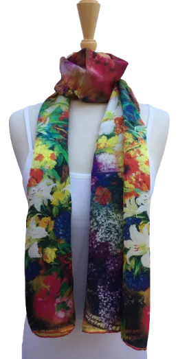 Scarf with colorful and painterly floral scene