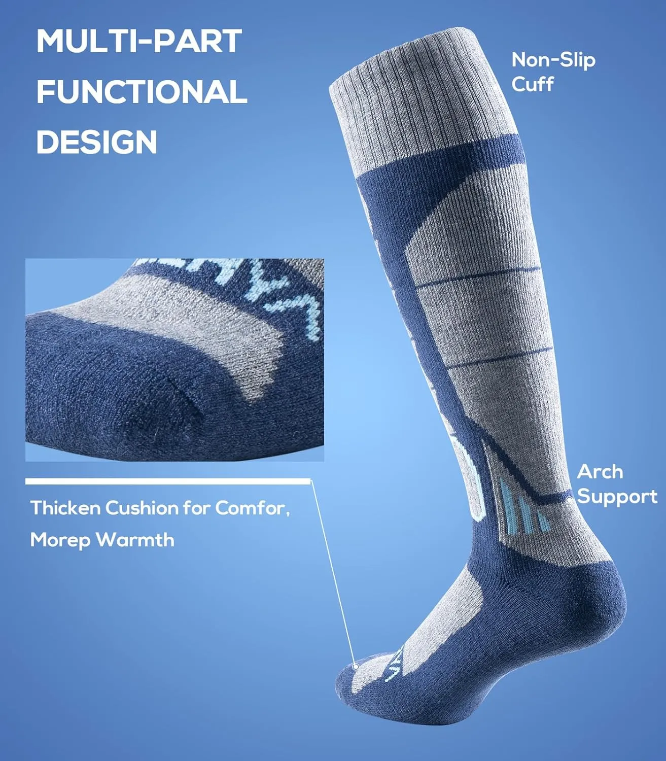 Ski Sock Merino Wool Ski Socks Mens Womens Skiing & Snowboarding Socks, Over The Calf