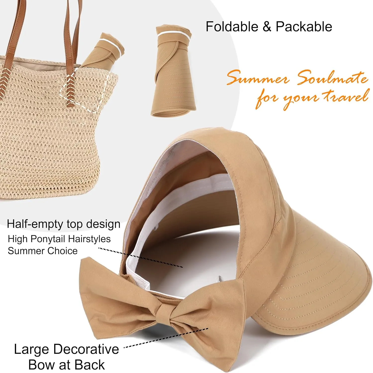 Sun Visor Hat for Women Wide Brim Ponytail Hole UV Protection Summer Cap Packable UPF 50  Travel Outdoor