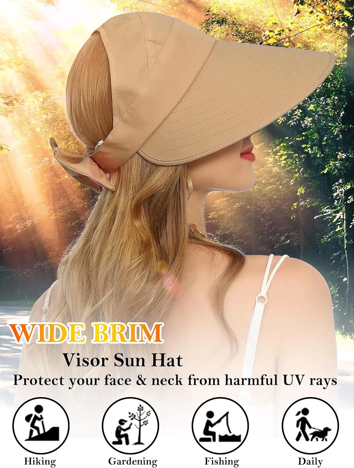 Sun Visor Hat for Women Wide Brim Ponytail Hole UV Protection Summer Cap Packable UPF 50  Travel Outdoor