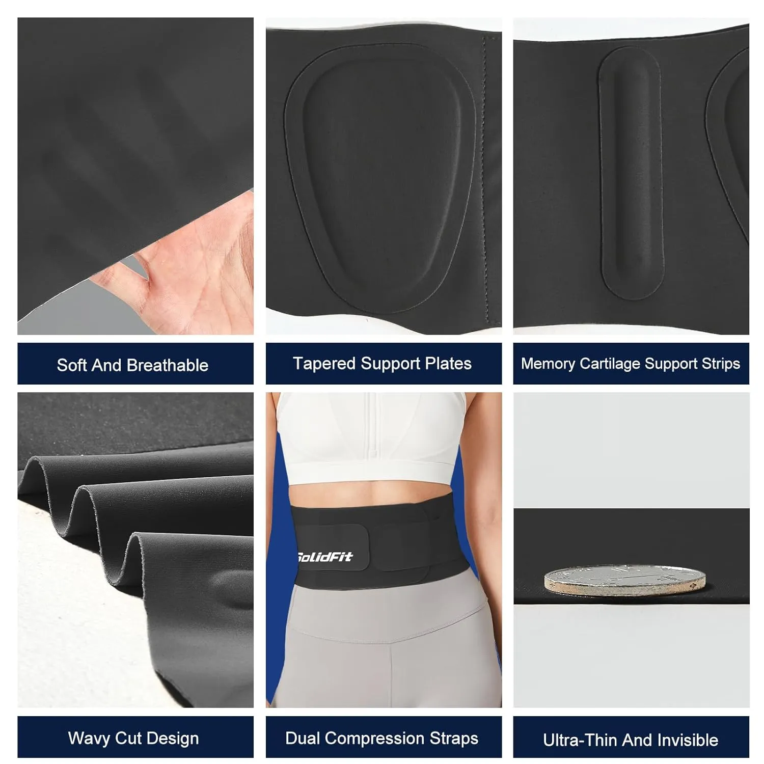 Ultra Thin Back Brace for Lower Back Pain Women, Lightweight Lower Back Support Brace for Sciatica, Scoliosis, Herniated Disc, Breathable Back Braces for Home, Work, Work Out (Black, Large)