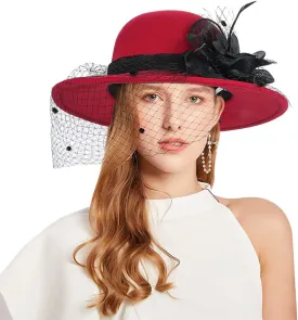 Women Vintage Fedora Hat Wide Brim Bowler Hat Floral Wool Bucket Floppy Fascinator with Veil Church Party Hat