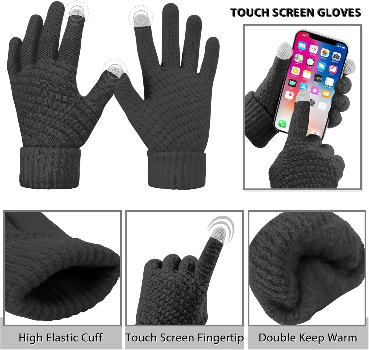 Womens Beanie Hat Scarf Touch Screen Gloves Set for Women Warm Knit Fleece Lined Skull Caps Neck Warmer Gifts