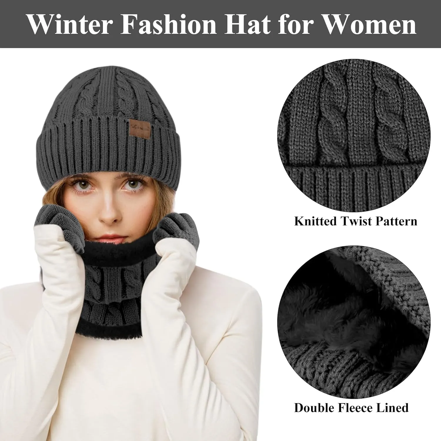 Womens Beanie Hat Scarf Touch Screen Gloves Set for Women Warm Knit Fleece Lined Skull Caps Neck Warmer Gifts