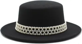Womens Wide Brim Fedora Hat with Pearl Band Classic Flat Top Hat