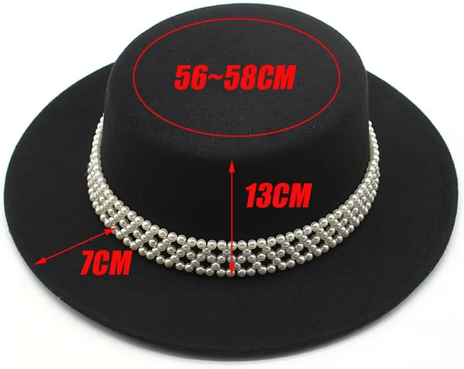 Womens Wide Brim Fedora Hat with Pearl Band Classic Flat Top Hat