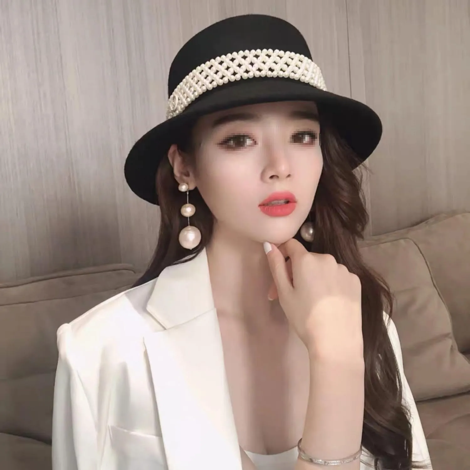 Womens Wide Brim Fedora Hat with Pearl Band Classic Flat Top Hat