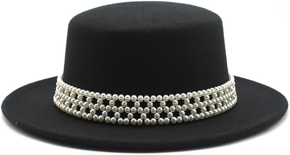 Womens Wide Brim Fedora Hat with Pearl Band Classic Flat Top Hat