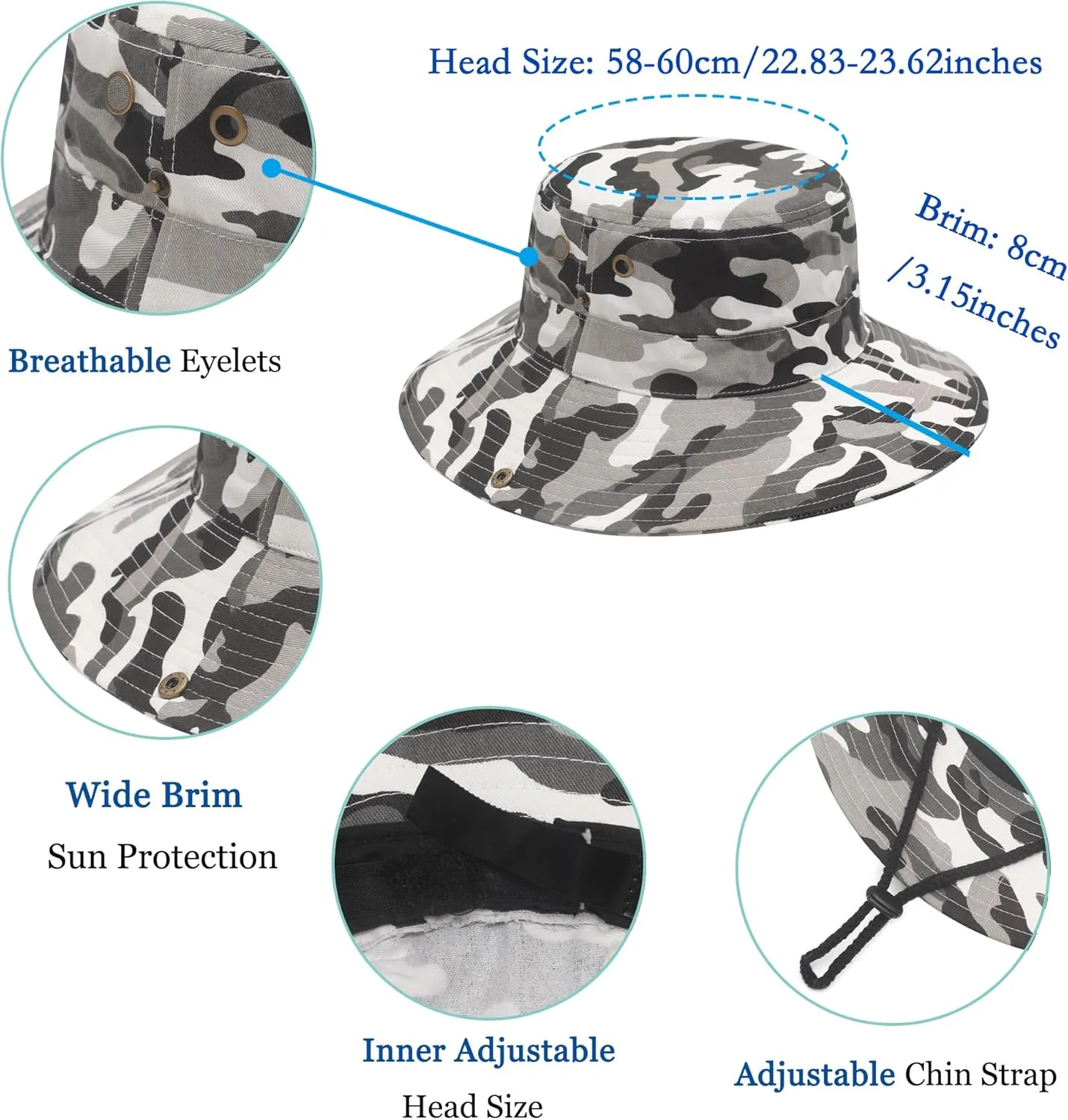 ZLYC Mens Waterproof Camo Sun Hat Wide Brim Packable Outdoor Mesh Fishing Bucket Hats